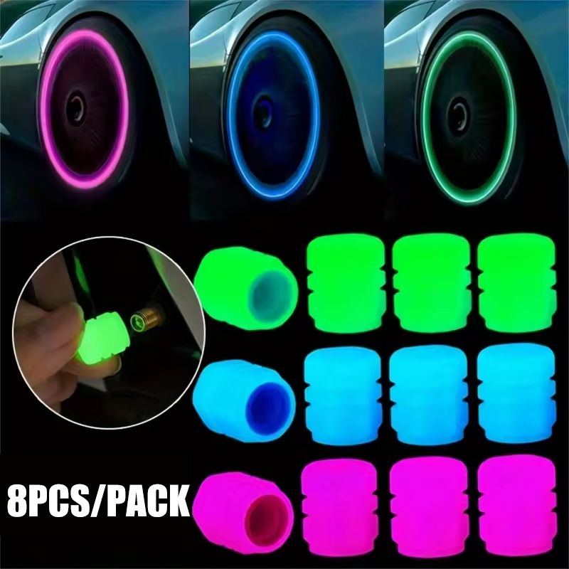 8-Pack Universal Fluorescent Valve Stems Caps - Glowing Stem &amp; Core Protectors for Vehicles &amp; Bikes